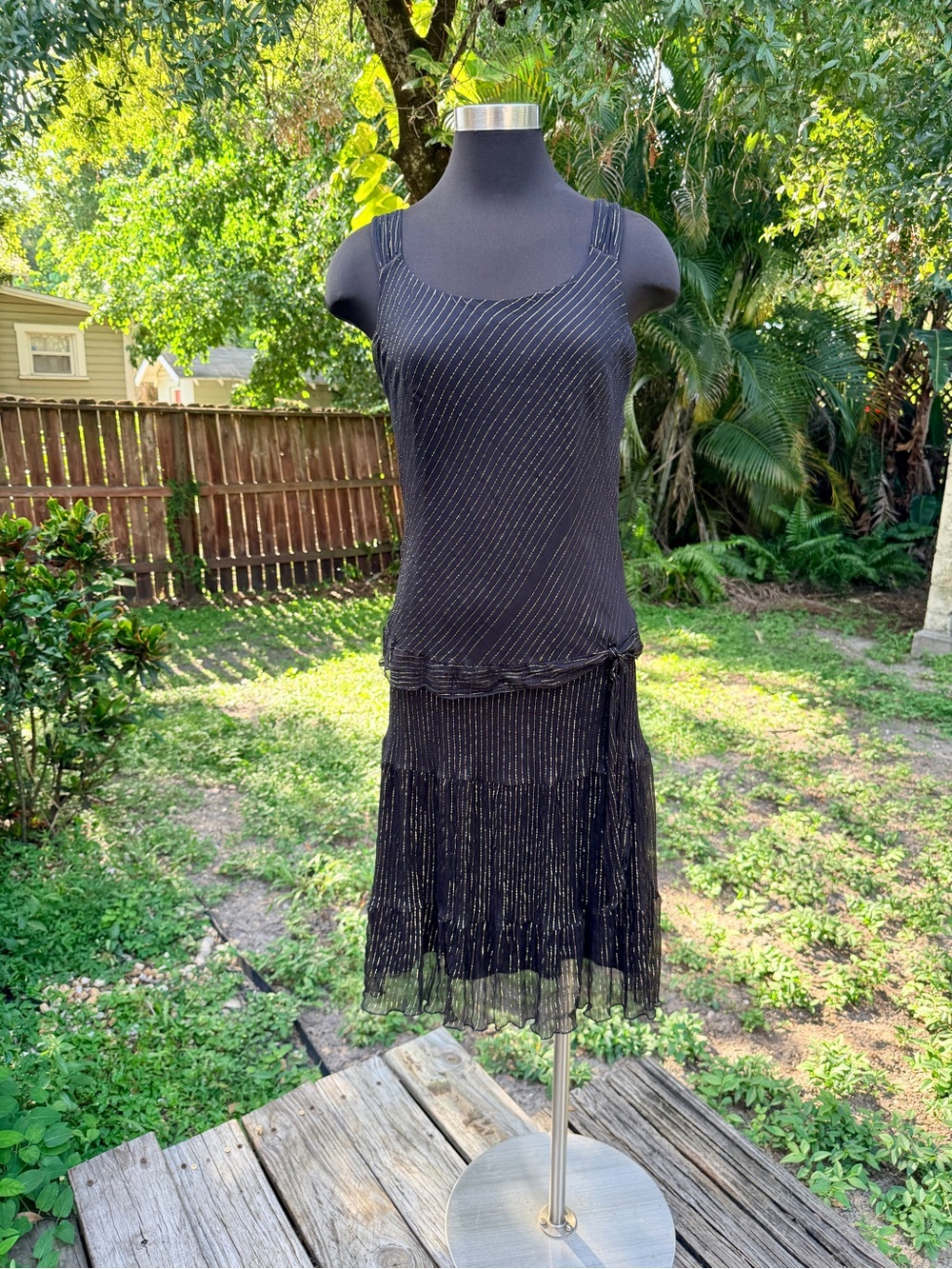 2000s Y2K Jonathan Martin Striped Gold Tinsel Drop Waist Midi Dress